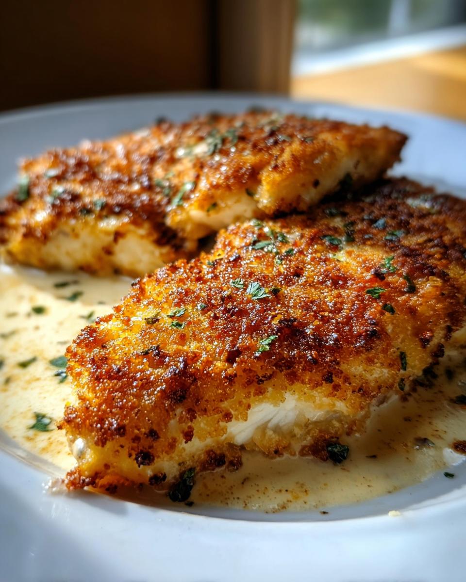 Zwei Stücke paniertes Parmesan Hähnchen Rezept mit goldbrauner Kruste, serviert in cremiger Soße.