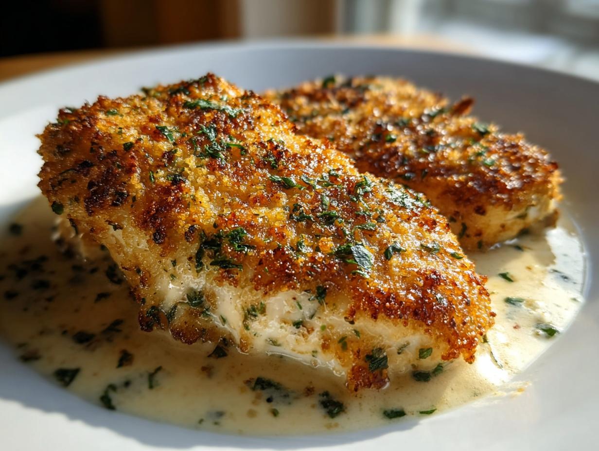 Zwei goldbraun panierte Hähnchenbrustfilets aus dem Parmesan Hähnchen Rezept in cremiger Soße.