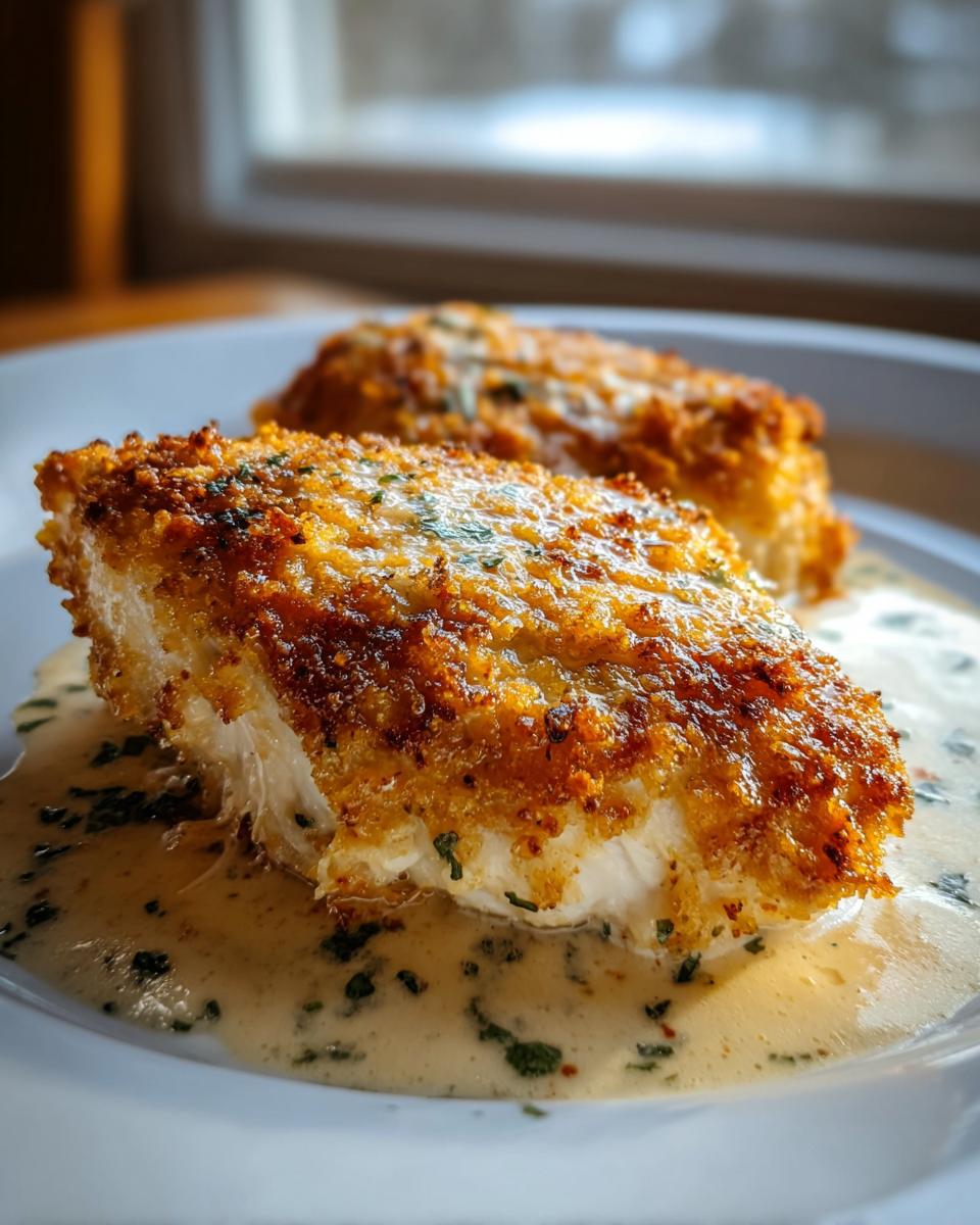 Zwei Stücke paniertes Parmesan Hähnchen Rezept in cremiger Soße auf einem weißen Teller.