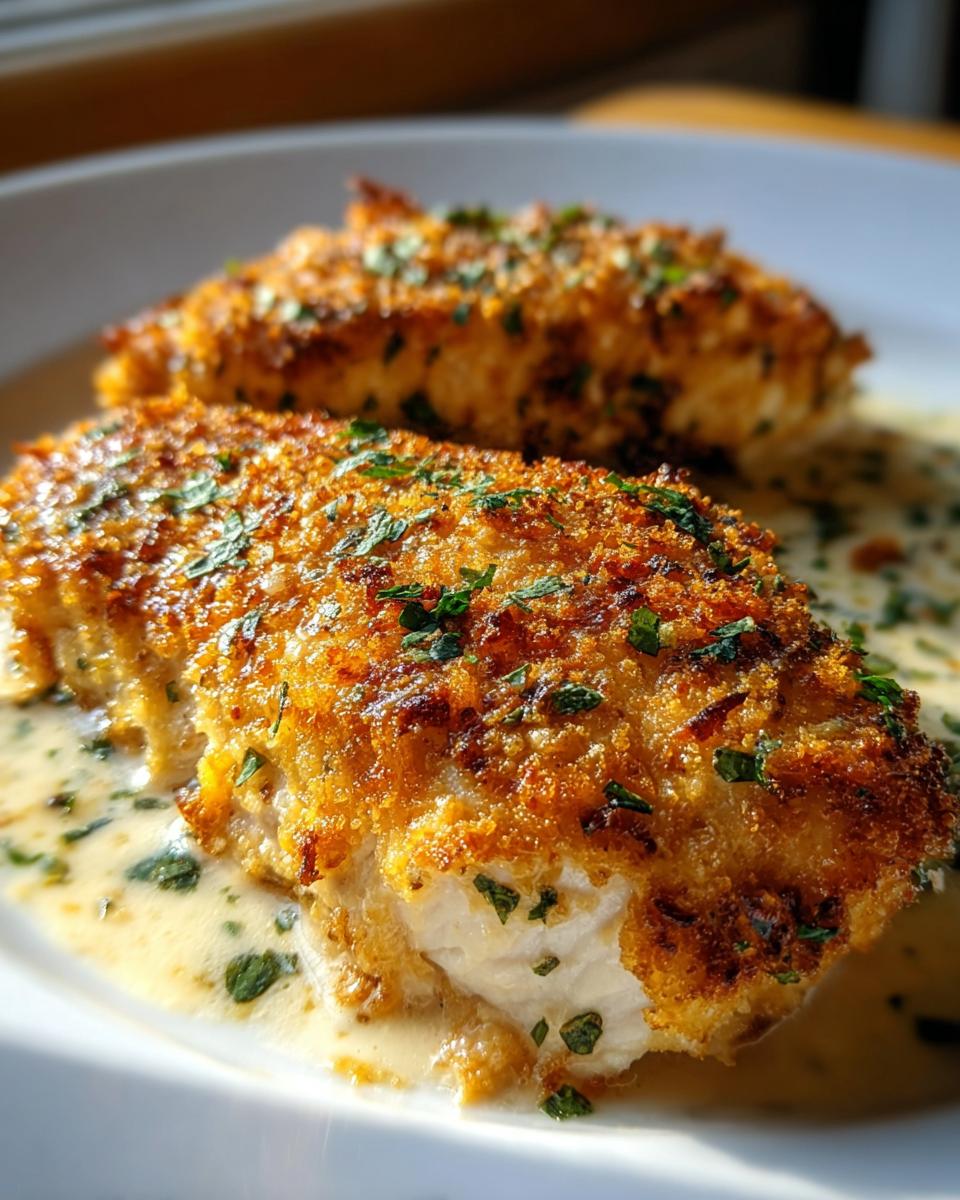 Zwei Stücke paniertes Parmesan Hähnchen in cremiger Soße, garniert mit Petersilie.