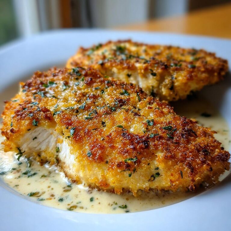 Zwei goldbraun panierte Stücke Parmesan Hähnchen Rezept auf einem Teller mit cremiger Soße.