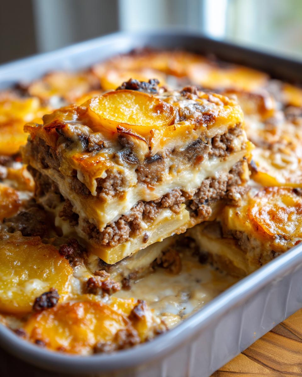 Ein dickes Stück des geschichteten Party Pfundstopf aus dem Ofen mit Hackfleisch und Kartoffeln wird herausgehoben.