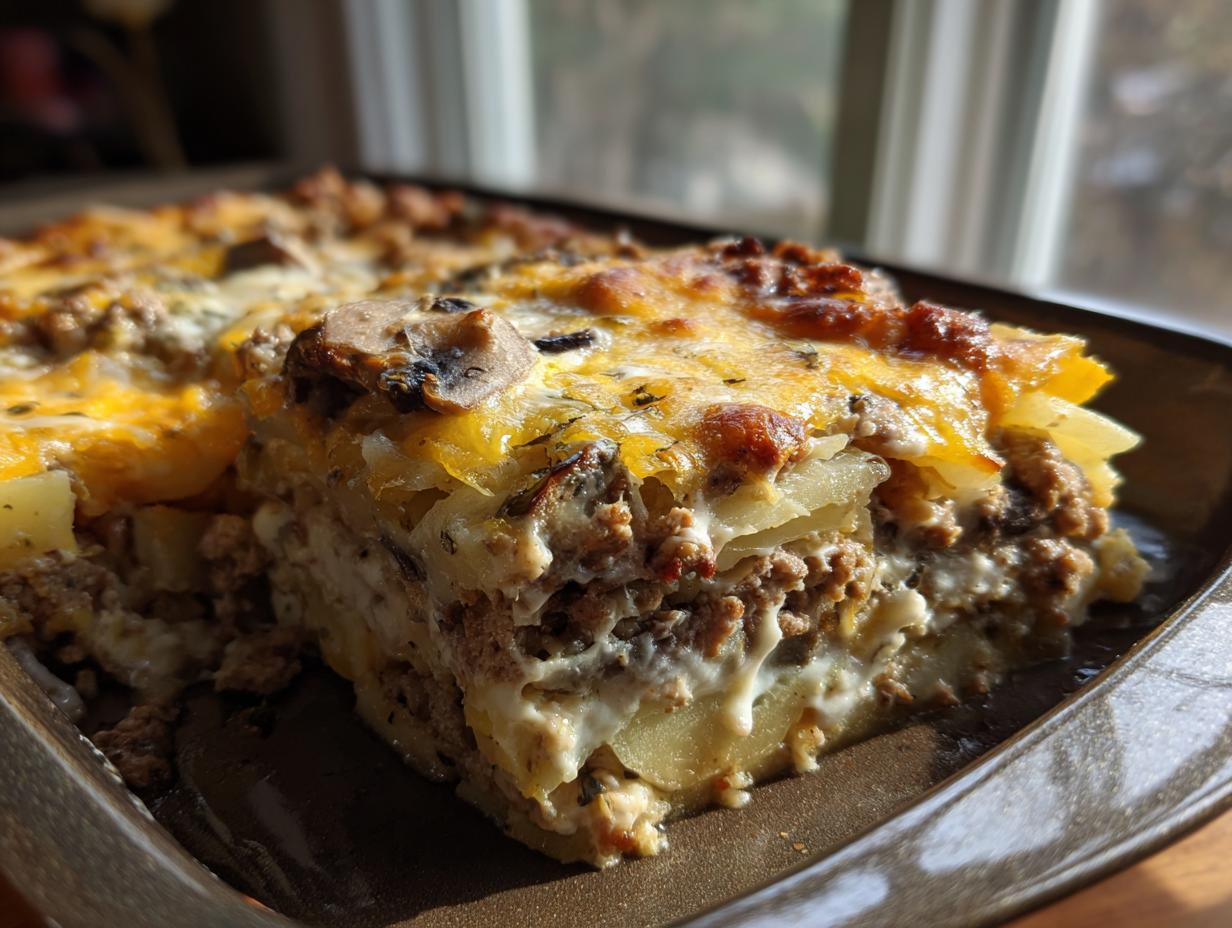 Ein Anschnitt des saftigen Party Pfundstopf aus dem Ofen mit Hackfleisch, Kartoffeln und goldbraunem Käse.