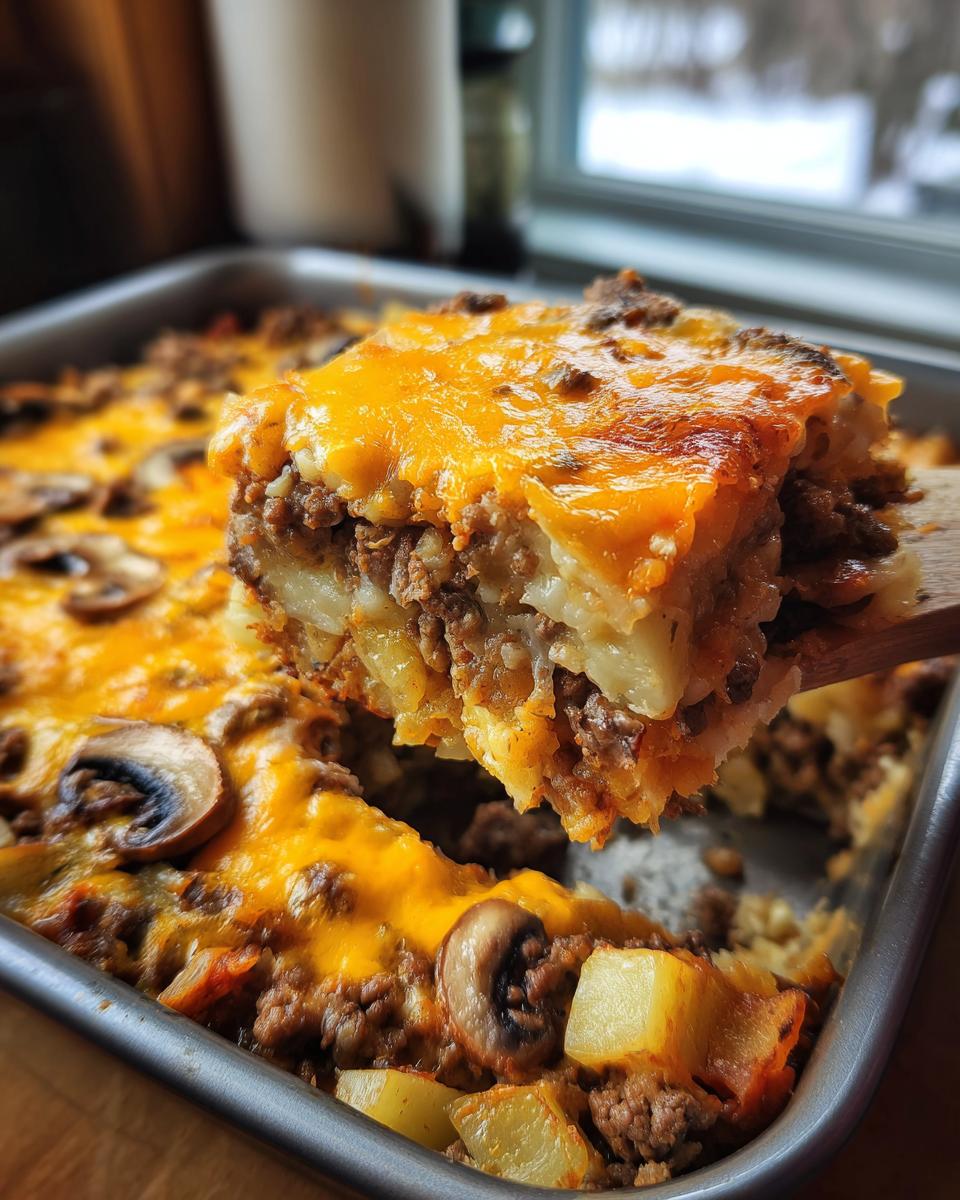 Ein Stück Party Pfundstopf aus dem Ofen mit Hackfleisch und Kartoffeln wird aus der Auflaufform gehoben, bedeckt mit geschmolzenem Käse.