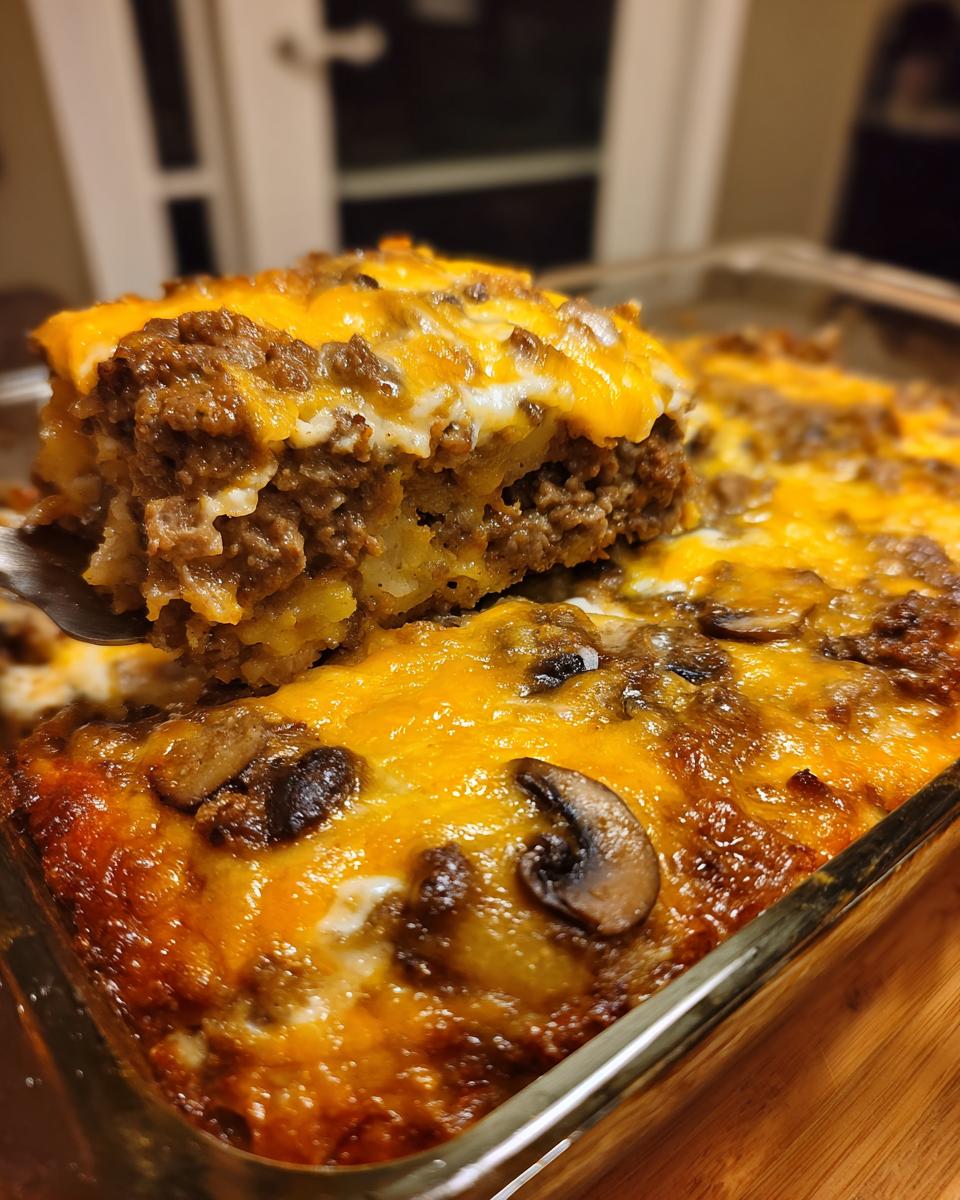 Eine Portion Party Pfundstopf aus dem Ofen wird mit einem Löffel aus der Auflaufform gehoben, bedeckt mit geschmolzenem Käse und Pilzen.