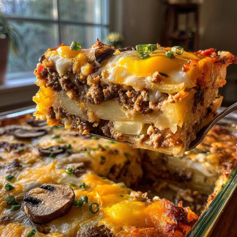 Ein großes Stück Party Pfundstopf aus dem Ofen mit Hackfleisch, Kartoffeln und einem Spiegelei wird herausgehoben.