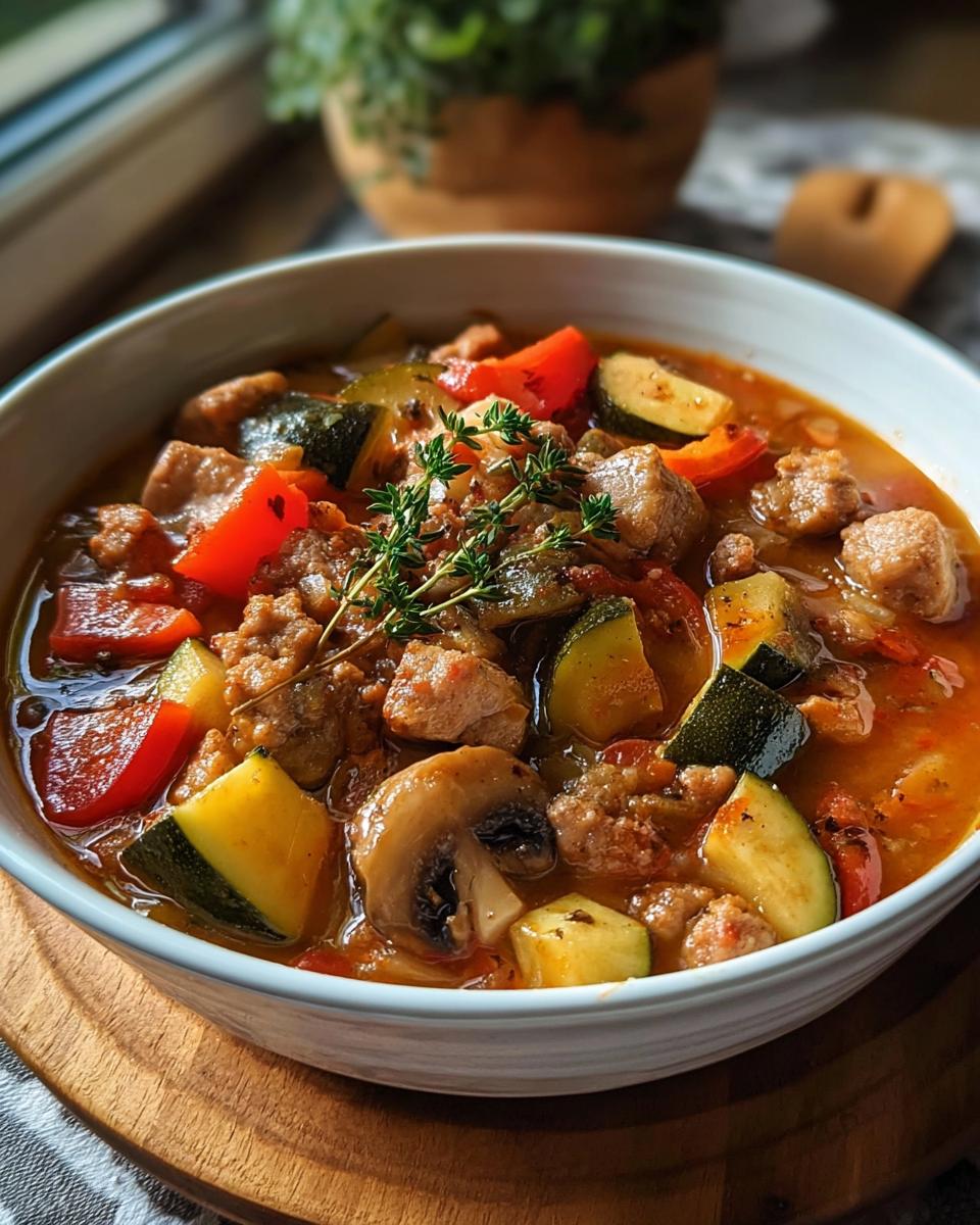 Nahaufnahme eines reichhaltigen Party Schlemmertopf mit Hackfleisch, Zucchini, Paprika und Pilzen, garniert mit Thymian.