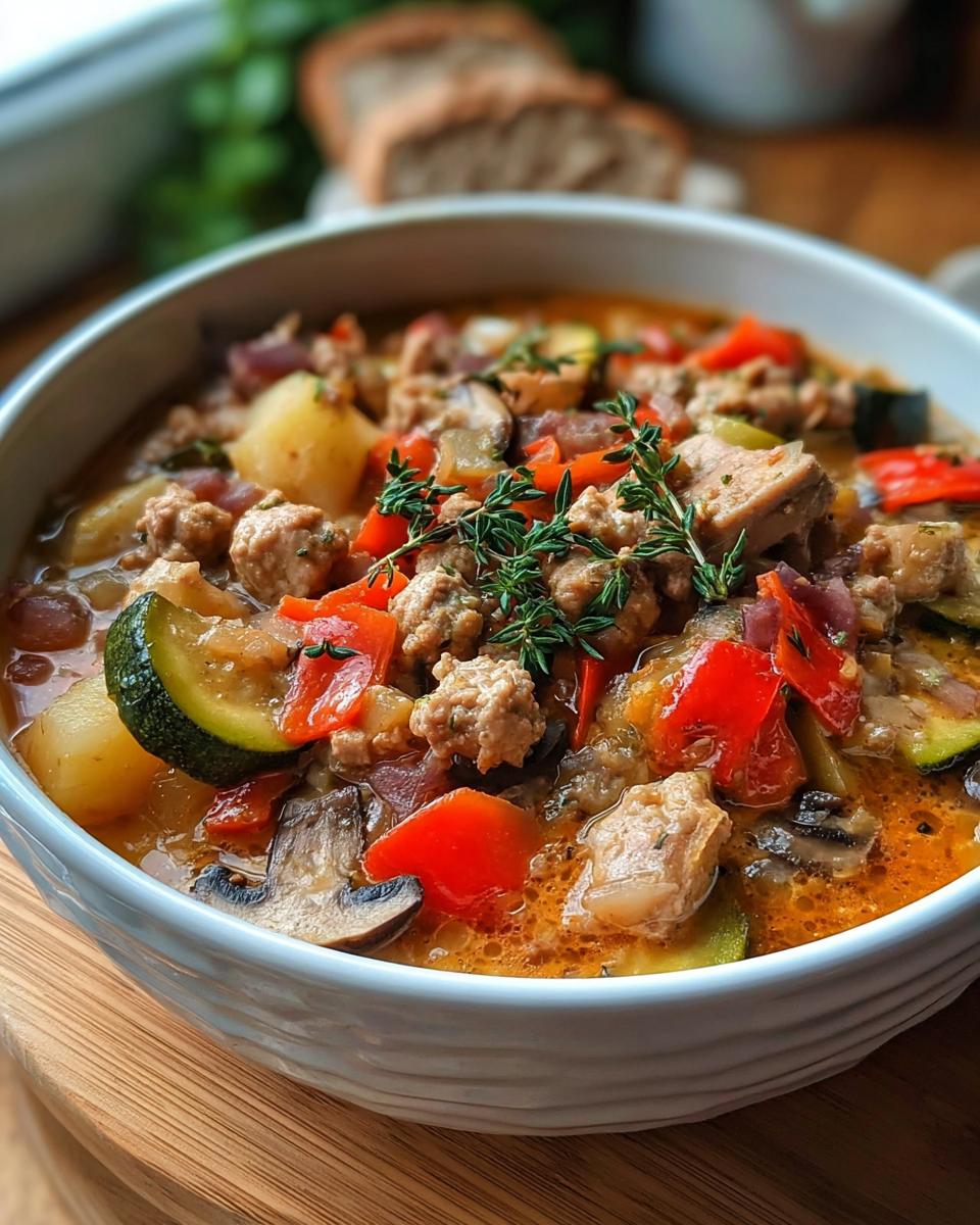 Nahaufnahme eines herzhaften Party Schlemmertopf mit Hackfleisch, Zucchini, Paprika und Kräutern in einer weißen Schüssel.