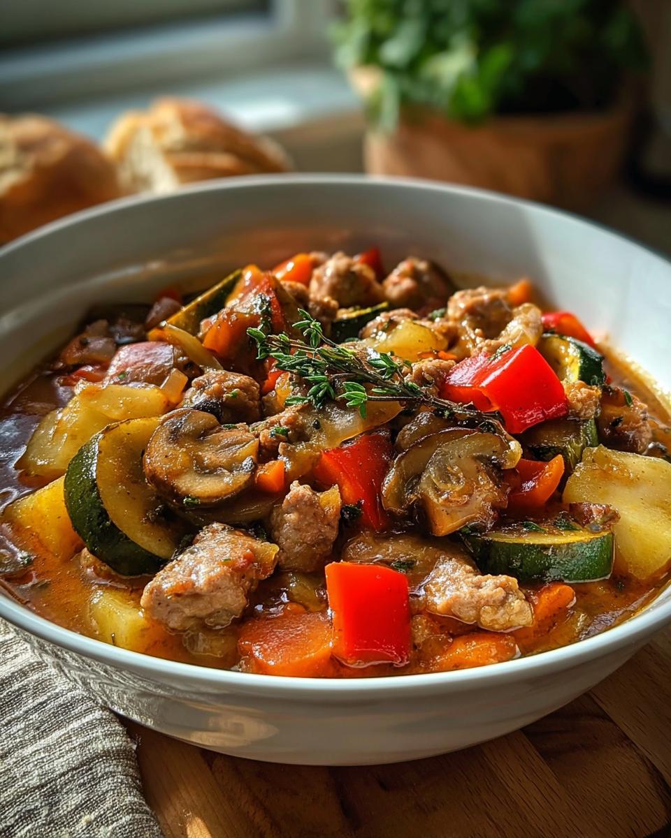 Eine Schüssel voller Party Schlemmertopf mit Hackfleisch, Zucchini, Pilzen und Paprika, garniert mit Thymian.