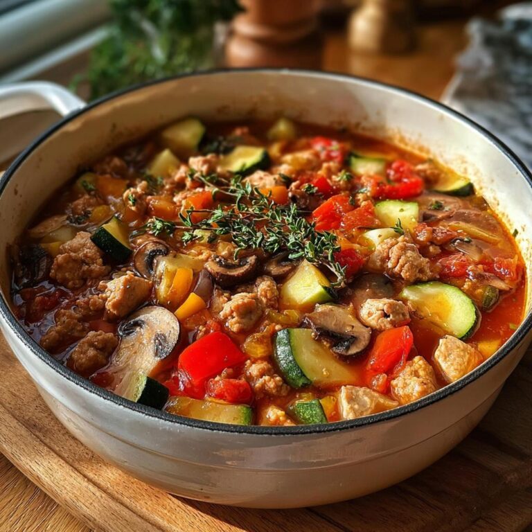 Nahaufnahme vom Party Schlemmertopf mit Hackfleisch, Zucchini, Pilzen und Paprika, garniert mit Thymian.