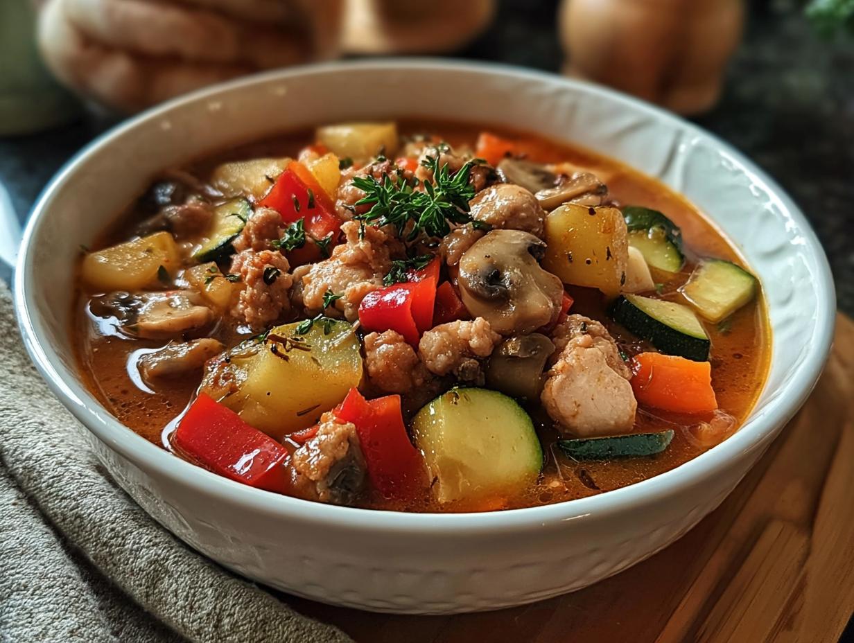 Nahaufnahme eines herzhaften Party Schlemmertopf mit Hackfleisch, Kartoffeln, Zucchini und Pilzen in einer weißen Schüssel.