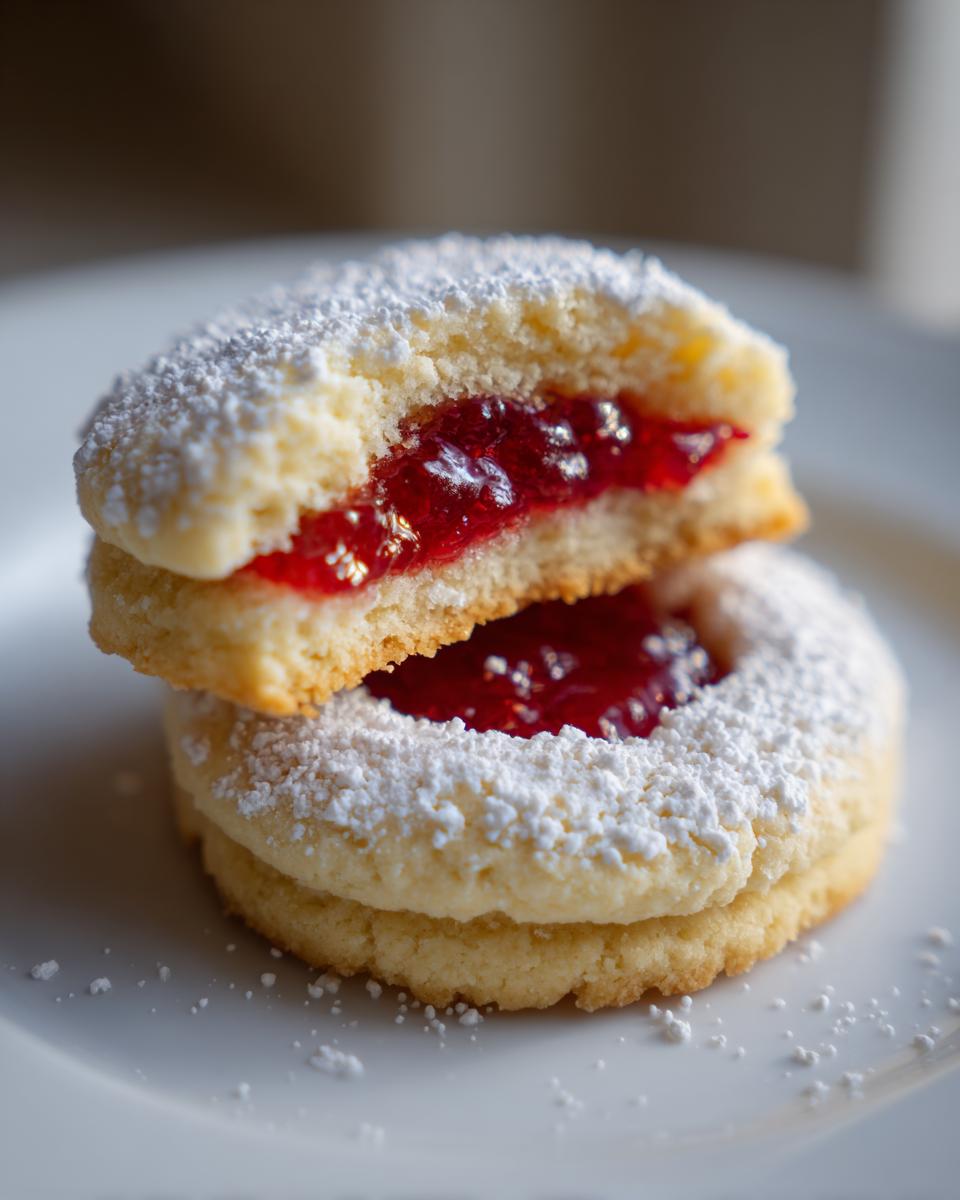Nahaufnahme von zwei gestapelten Engelsaugen Plätzchen, gefüllt mit roter Marmelade und bestäubt mit Puderzucker.