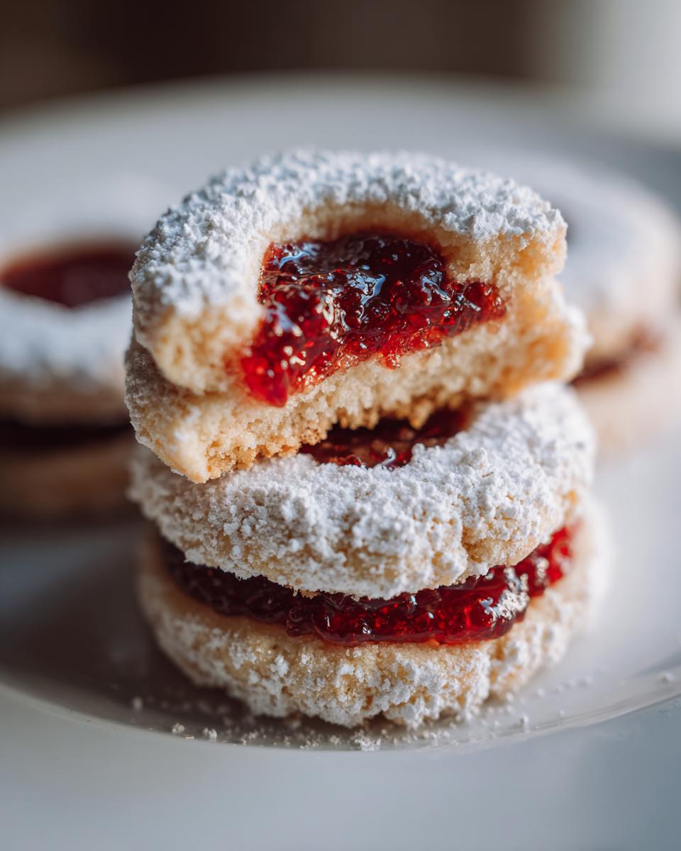 Nahaufnahme von gestapelten Engelsaugen, bestäubt mit Puderzucker und gefüllt mit leuchtend roter Marmelade.