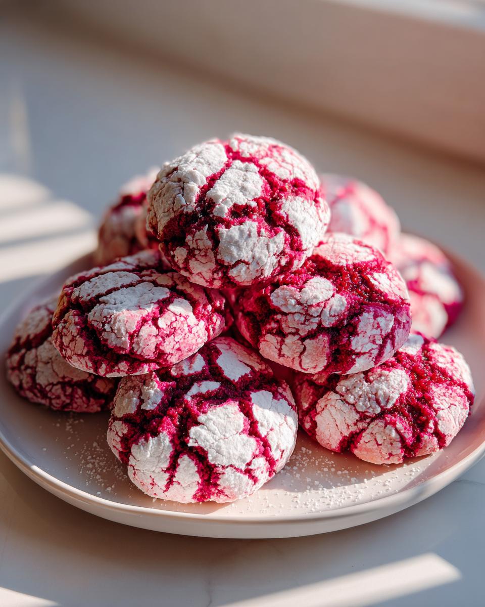 Ein Haufen leuchtend roter Himbeer-Crinkle-Kekse, bedeckt mit weißem Puderzucker, der die typischen Risse zeigt.