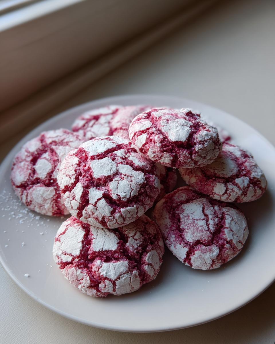 Nahaufnahme von mehreren Himbeer-Crinkle-Keksen mit intensiver roter Farbe und deutlichen weißen Rissen durch den Puderzucker.