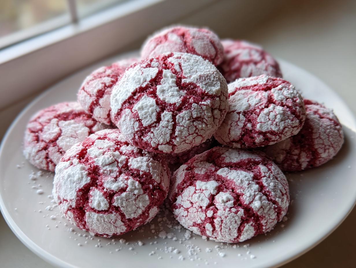 Nahaufnahme von mehreren Perfekte Himbeer-Crinkle-Kekse, die mit viel Puderzucker bedeckt sind und deutliche Risse zeigen.