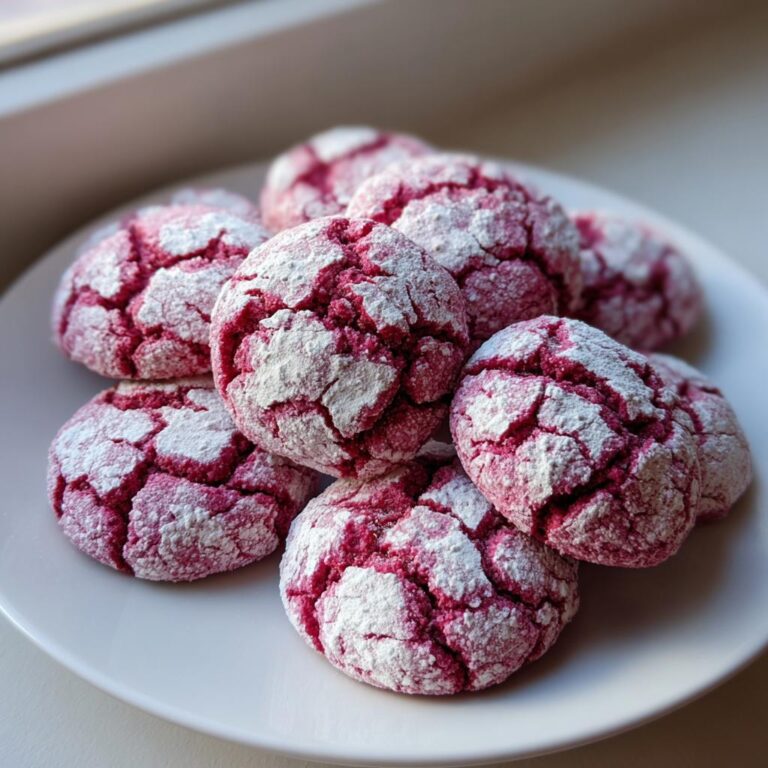 Nahaufnahme von mehreren leuchtend rosa Himbeer-Crinkle-Keksen mit deutlichen Rissen und Puderzucker.