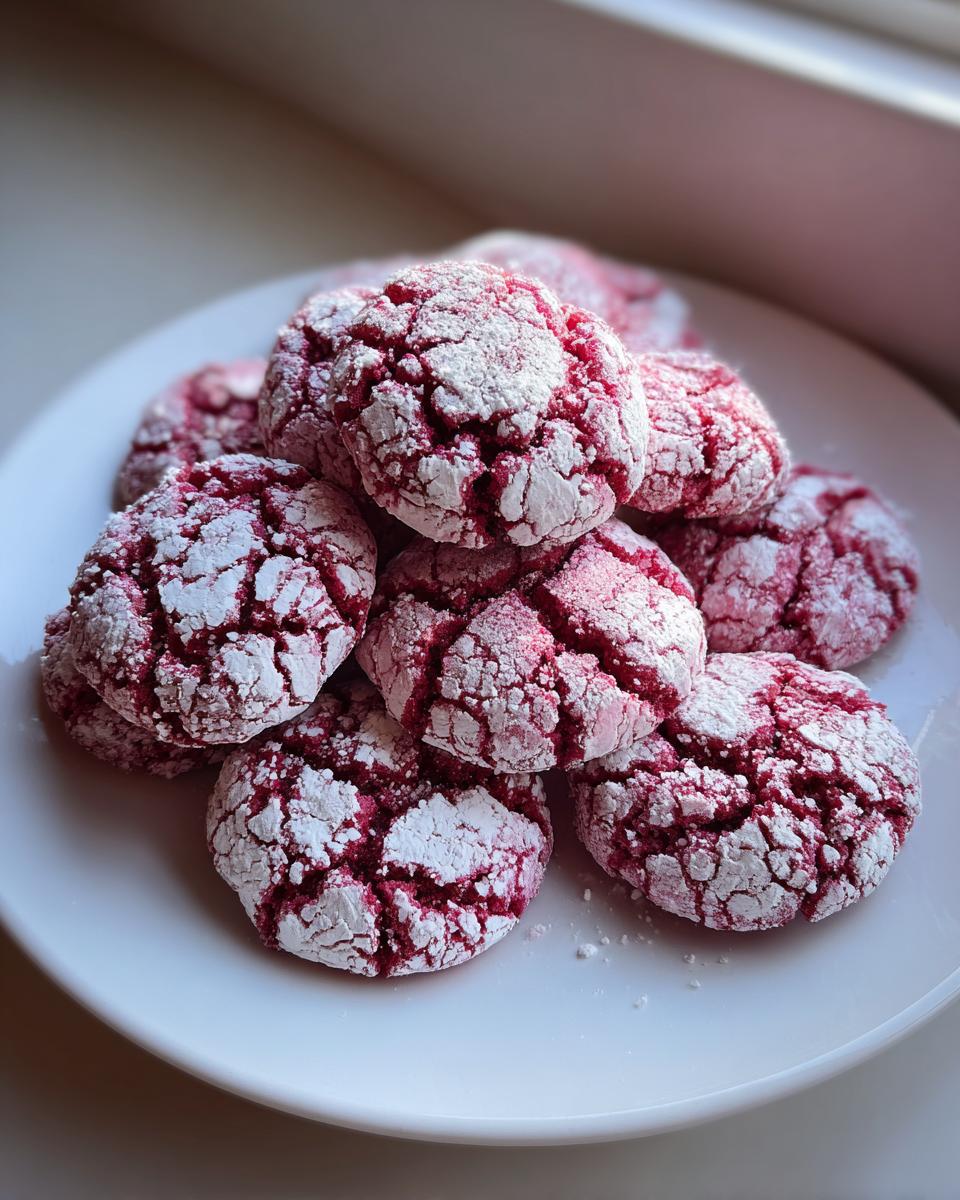 Nahaufnahme von gestapelten Perfekte Himbeer-Crinkle-Kekse, die stark mit Puderzucker bedeckt sind und deutliche Risse zeigen.