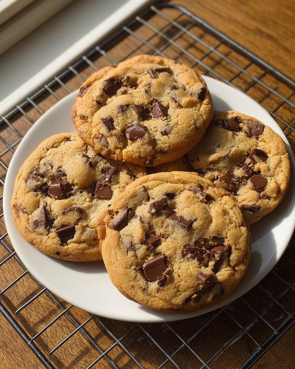 Vier goldbraune subway cookies mit großen Schokoladenstücken auf einem weißen Teller, die auf einem Drahtgestell liegen.