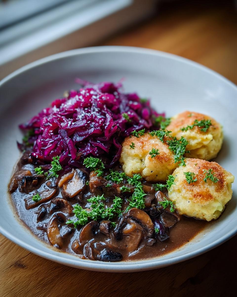 Teller mit Pilz-Maronen Ragout, goldbraunen Ofenknödeln und herzhaftem Rotkraut.