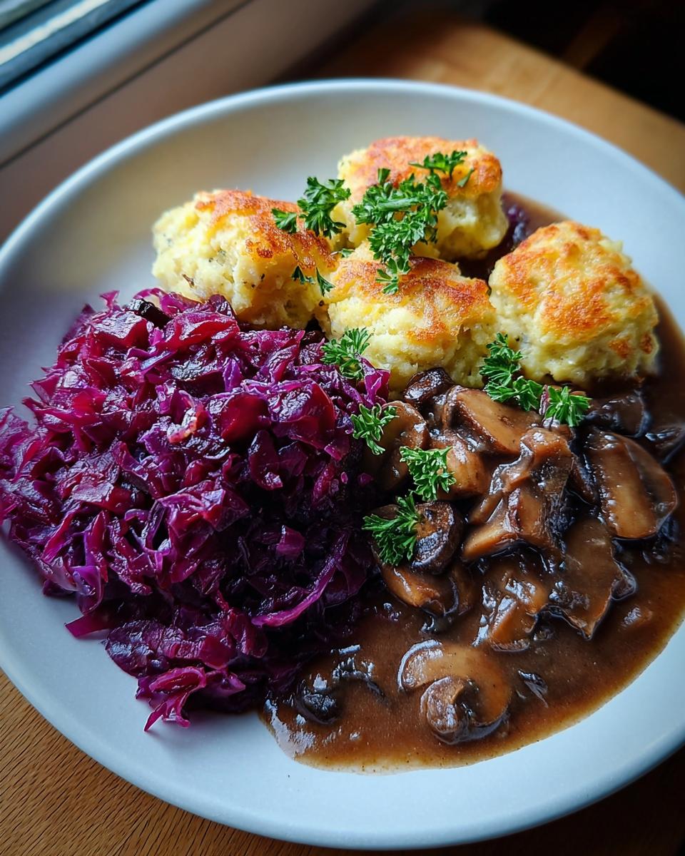 Teller mit Pilz-Maronen Ragout, gebratenen Ofenknödeln und Rotkraut, garniert mit Petersilie.