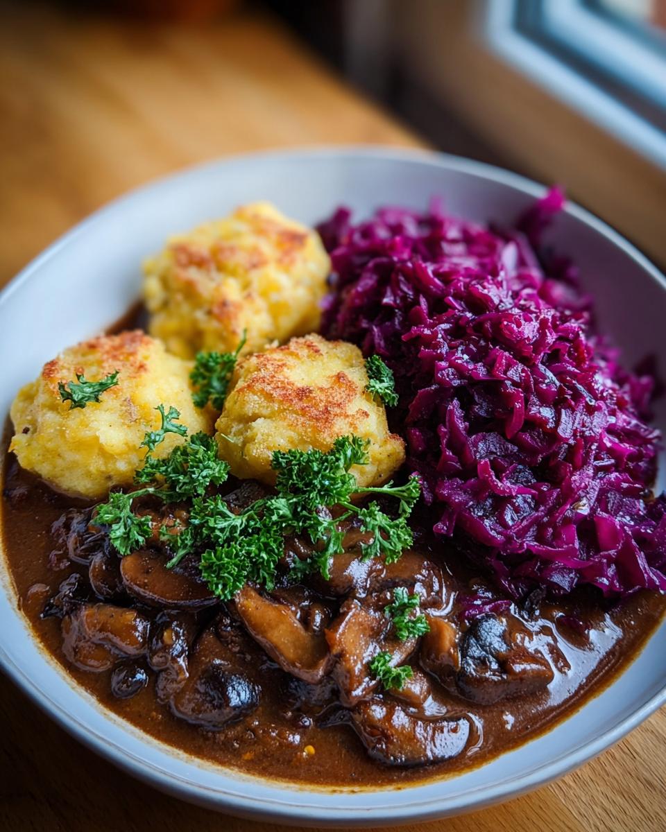 Teller mit Pilz-Maronen Ragout, goldbraunen Ofenknödeln und leuchtend rotem Rotkraut.