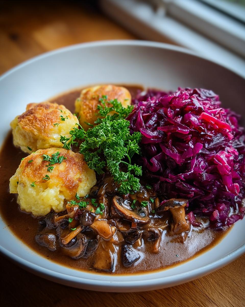 Teller mit Pilz-Maronen Ragout, goldbraunen Ofenknödeln und leuchtend rotem Rotkraut.