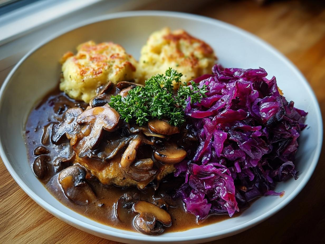 Teller mit Pilz-Maronen Ragout mit Ofenknödeln und Rotkraut, garniert mit Petersilie.
