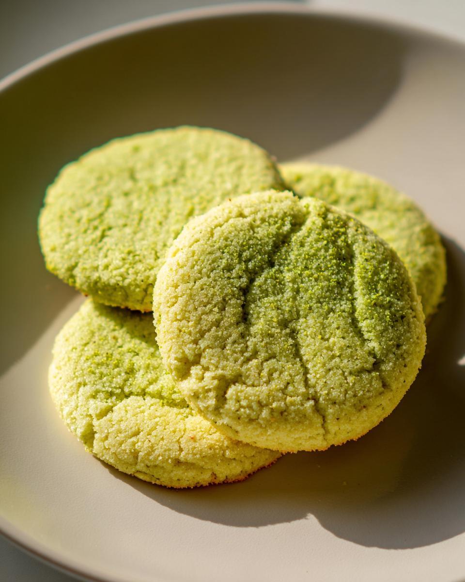 Vier runde, hellgrüne Pistazien-Plätzchen (ohne Mehl) gestapelt auf einem beigefarbenen Teller.