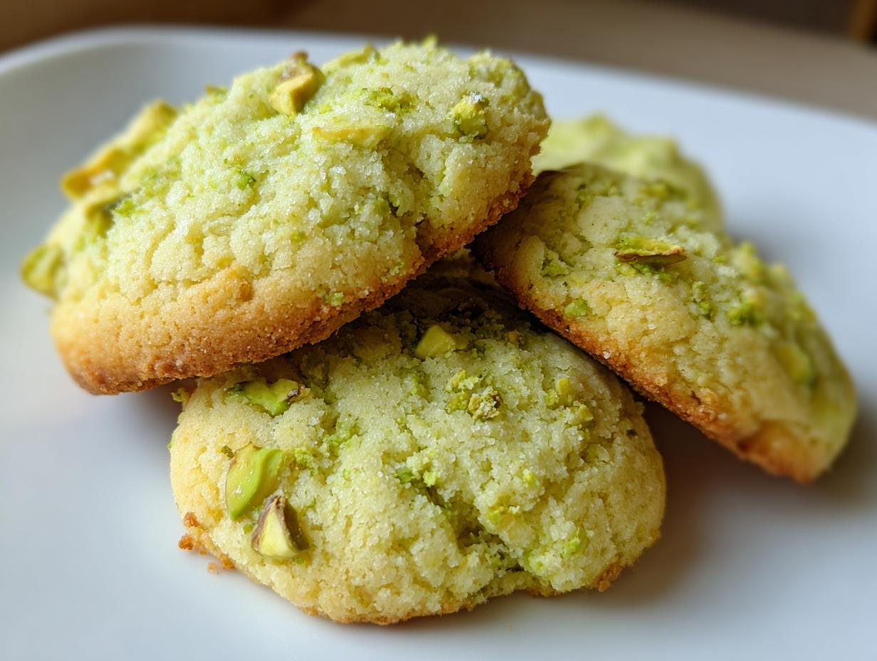 Nahaufnahme von vier goldbraun gebackenen Pistazien-Plätzchen (ohne Mehl) mit gehackten Pistazien auf einem weißen Teller.
