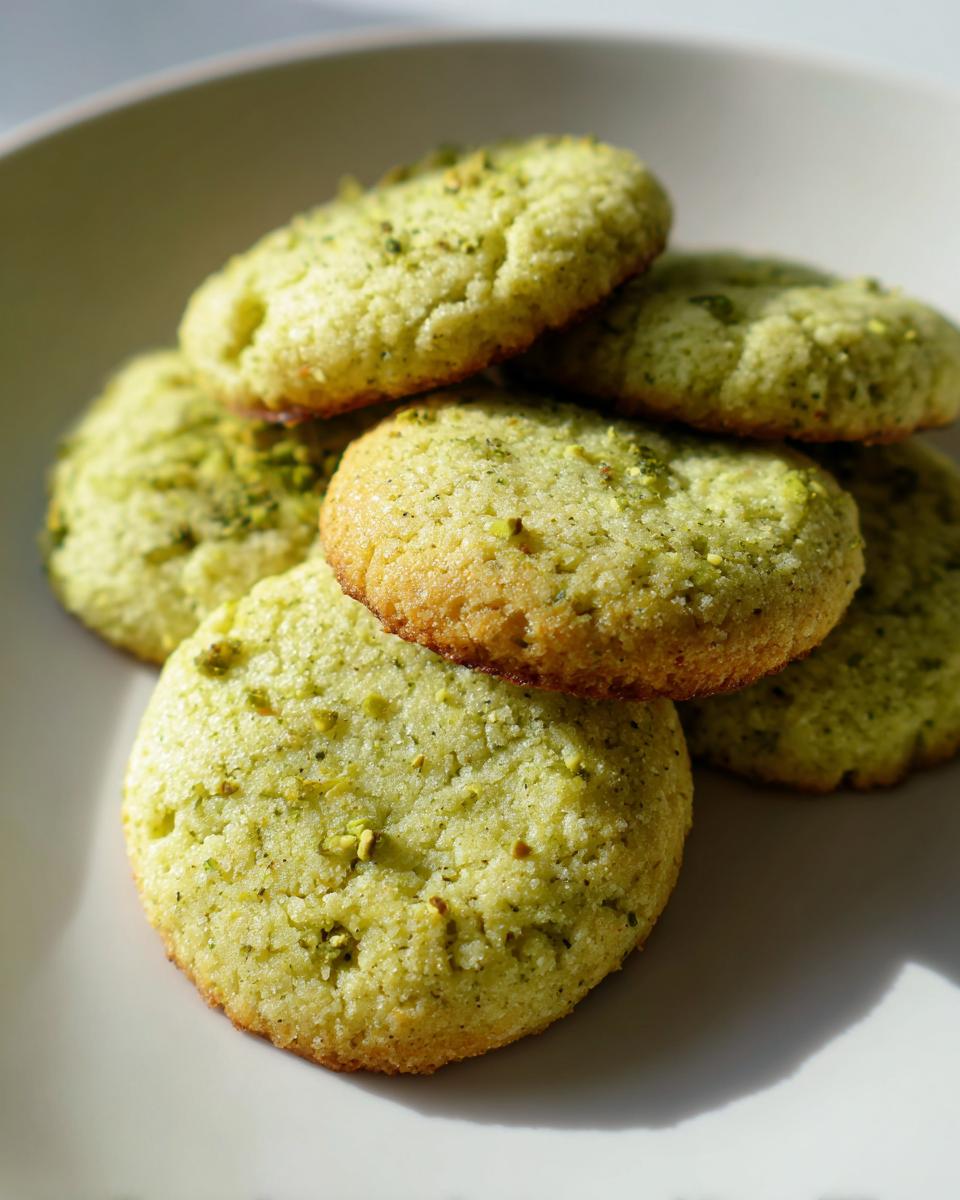 Ein Stapel frisch gebackener, grüner Pistazien-Plätzchen (ohne Mehl) auf einem hellen Teller.