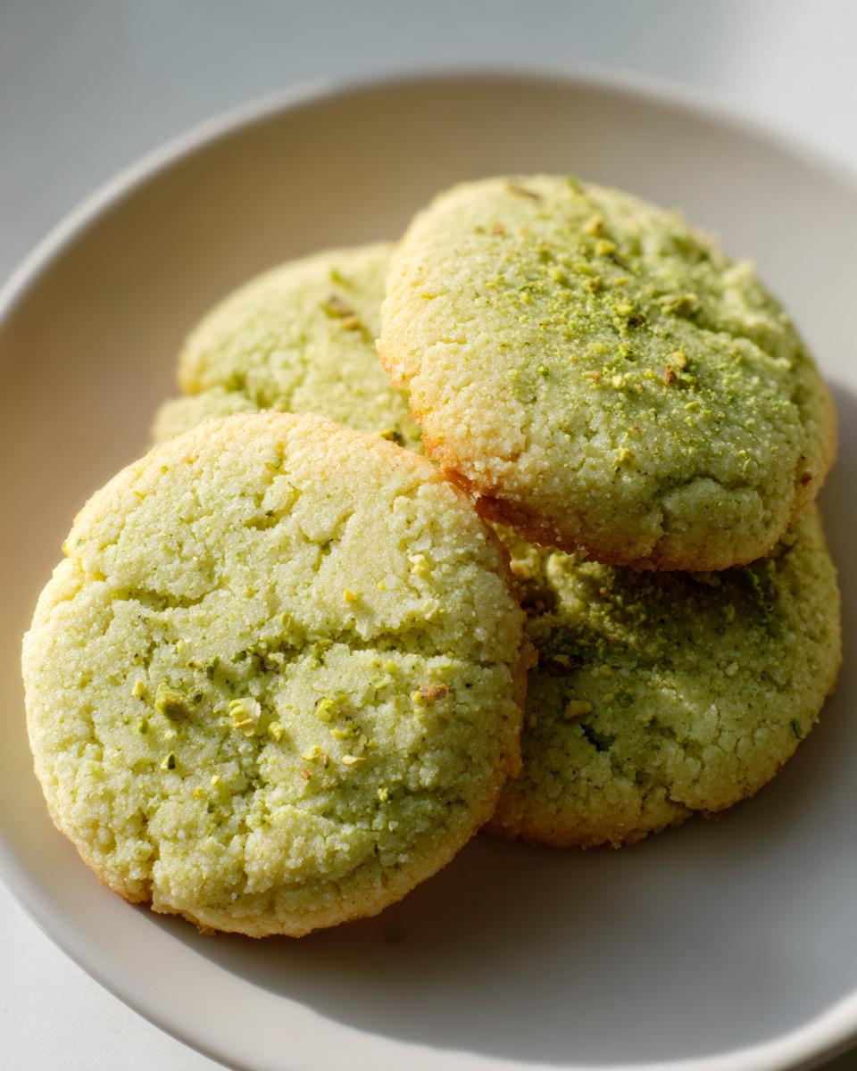 Nahaufnahme von vier grünen Pistazien-Plätzchen (ohne Mehl) mit Pistazienstaub auf einem hellgrauen Teller.