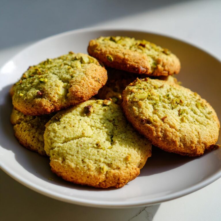 Nahaufnahme von mehreren goldbraunen Pistazien-Plätzchen (ohne Mehl) mit grünen Pistazienstückchen auf einem hellen Teller.