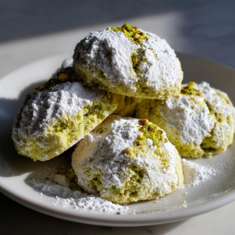 Nahaufnahme von Pistazien-Schneeballkeksen, dick mit Puderzucker bestäubt und mit gehackten Pistazien garniert.