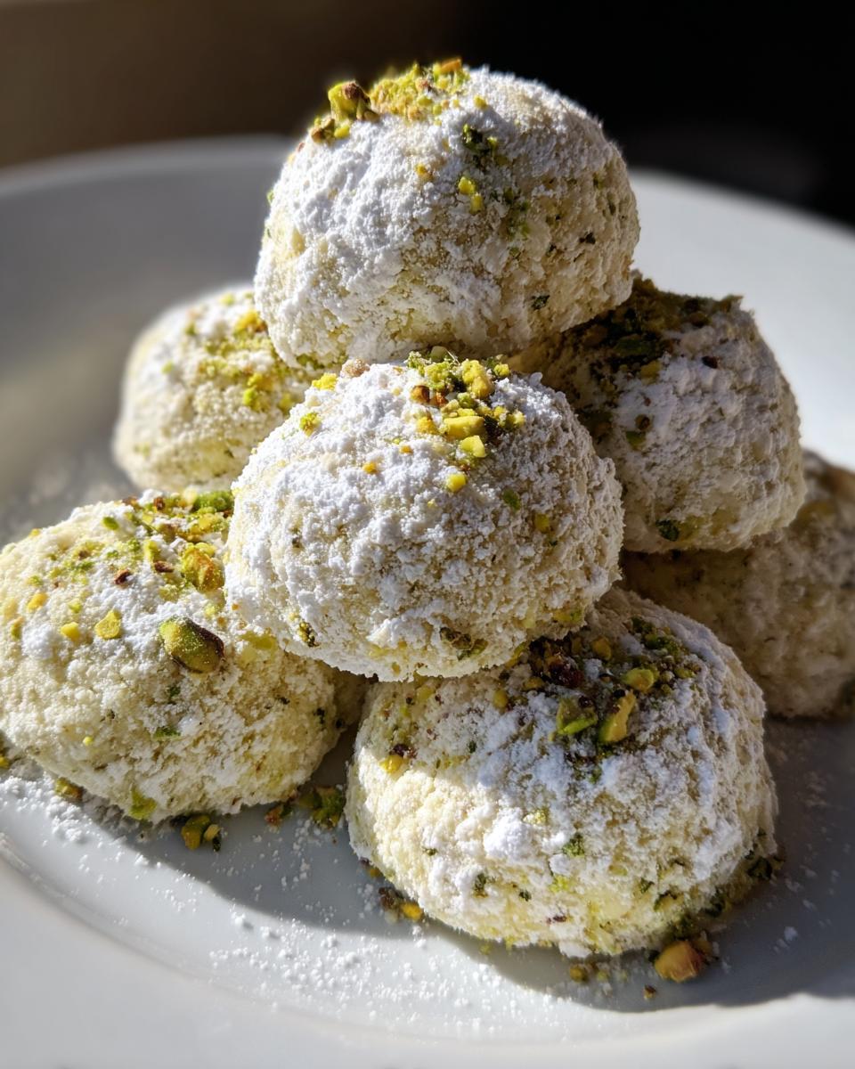 Nahaufnahme von gestapelten Pistazien-Schneeballkeksen, dick mit Puderzucker bestäubt und mit gehackten Pistazien garniert.