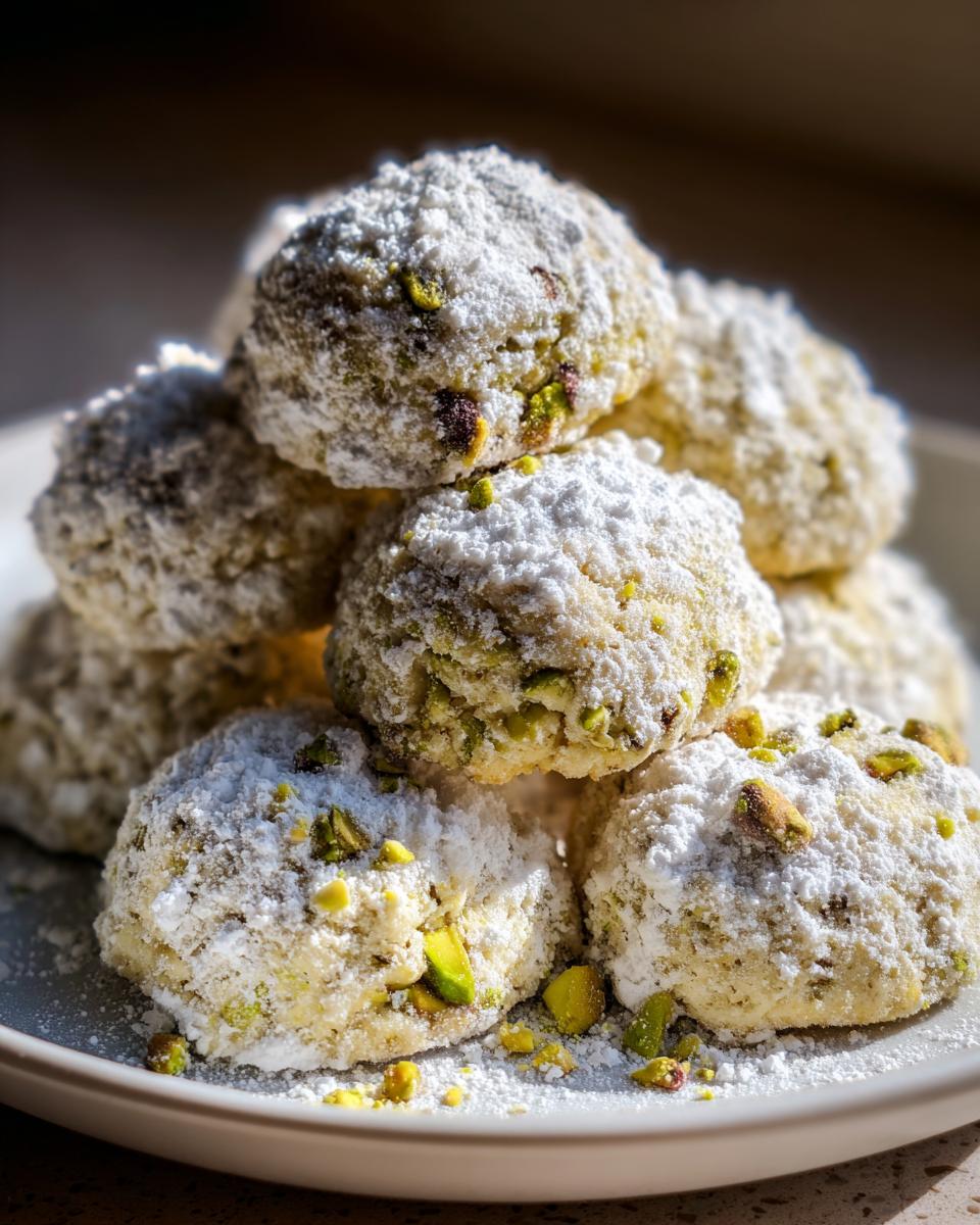 Ein Stapel zarter Pistazien-Schneeballkekse, dick mit Puderzucker bestäubt und mit Pistazienstückchen verziert.