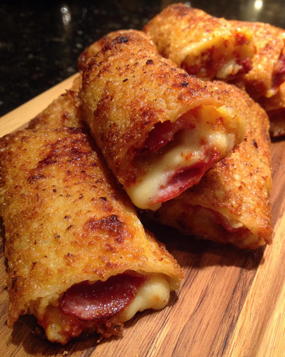 Nahaufnahme von knusprigen Pizzarollen aus der Heißluftfritteuse mit geschmolzenem Käse und Salami.