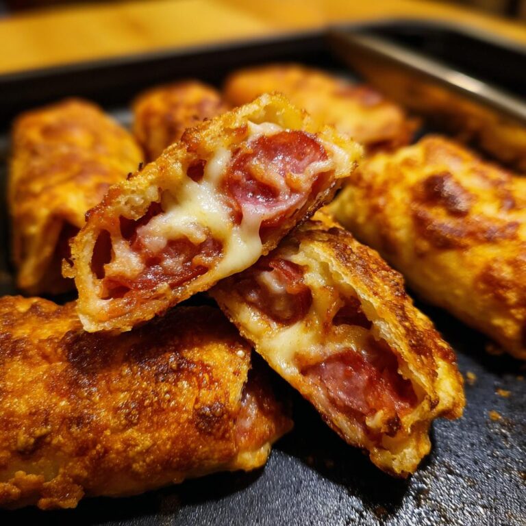 Nahaufnahme von aufgeschnittenen Pizzarollen aus der Heißluftfritteuse mit geschmolzenem Käse und Salami.