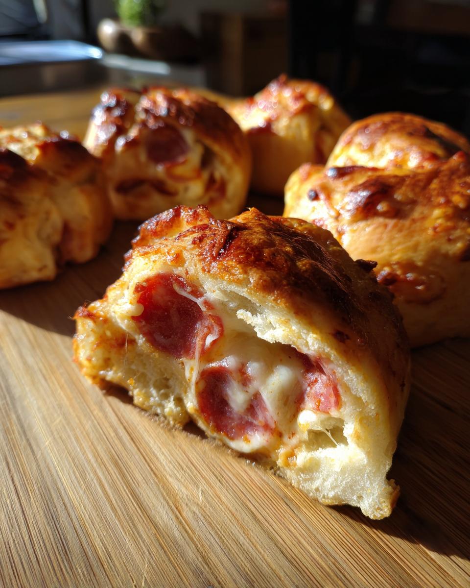 Aufgeschnittene Pizzarollen aus der Heißluftfritteuse mit geschmolzenem Käse und Salami auf einem Holzbrett.