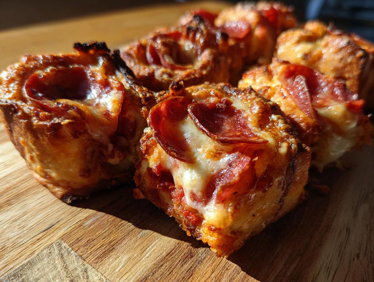 Nahaufnahme von knusprigen Pizzarollen aus der Heißluftfritteuse mit geschmolzenem Käse und Peperoni auf einem Holzbrett.