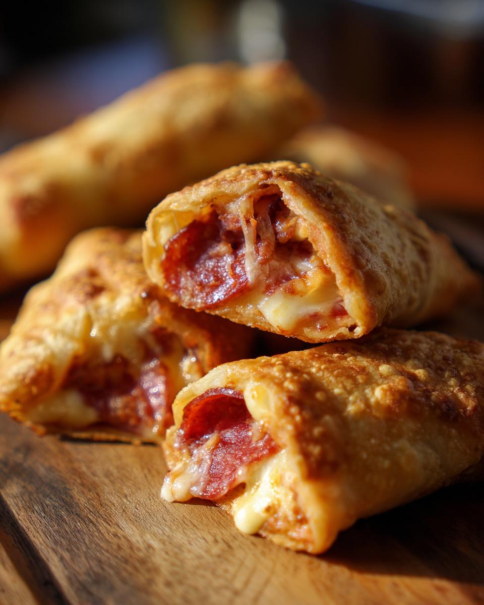 Nahaufnahme von knusprigen Pizzarollen aus der Heißluftfritteuse, gefüllt mit geschmolzenem Käse und Peperoni.