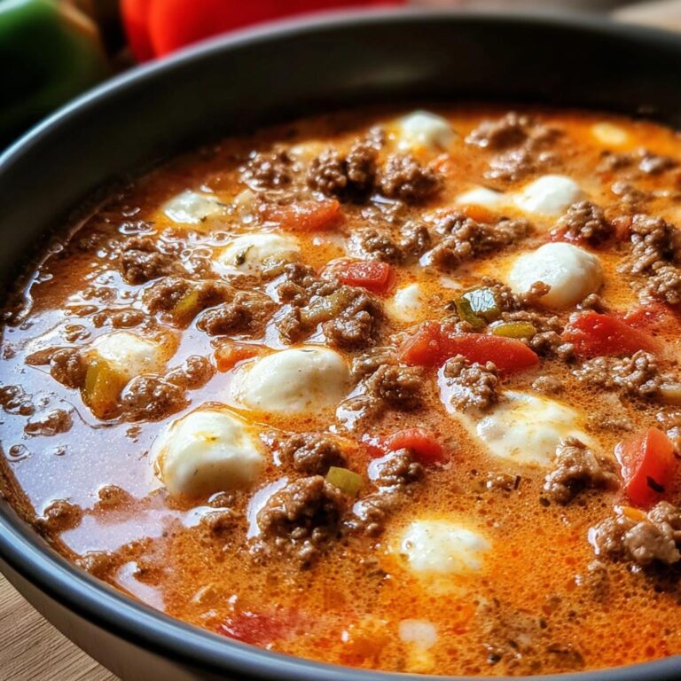 Nahaufnahme einer dampfenden Schüssel Pizzasuppe mit Hackfleisch, Tomatenstücken und geschmolzenen Mozzarella-Kugeln.