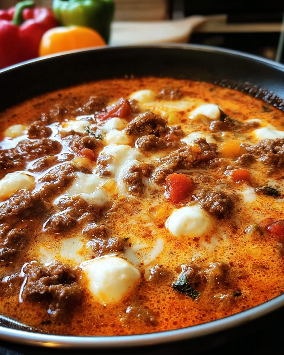 Nahaufnahme einer reichhaltigen Pizzasuppe mit Hackfleisch und geschmolzenen Mozzarella-Kugeln in einer Pfanne.