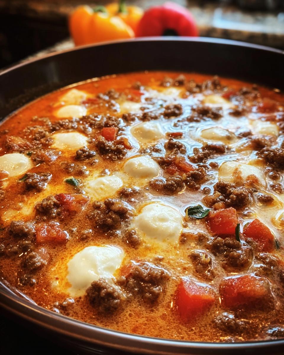 Nahaufnahme einer reichhaltigen Pizzasuppe mit Hackfleisch, Tomatenstücken und geschmolzenen Mozzarella-Kugeln.