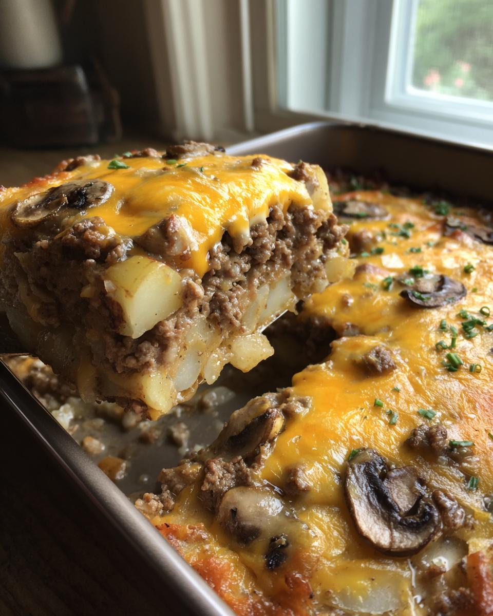 Eine Portion Party Pfundstopf aus dem Ofen wird mit einem Servierheber aus der Auflaufform gehoben, bedeckt mit geschmolzenem Käse und Pilzen.