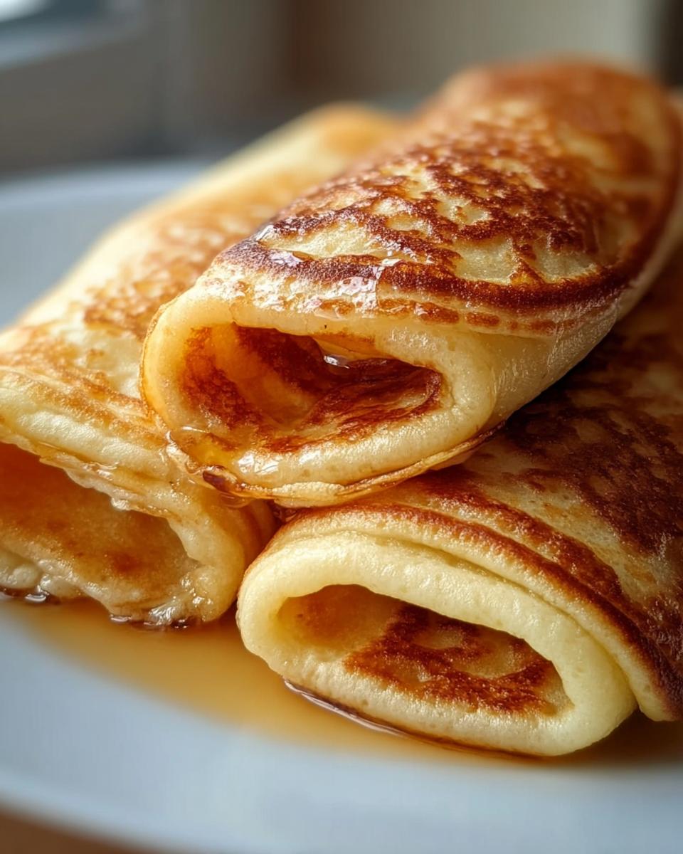 Nahaufnahme von drei gerollten Quark-Pfannkuchen Ohne Mehl, beträufelt mit goldbraunem Sirup.