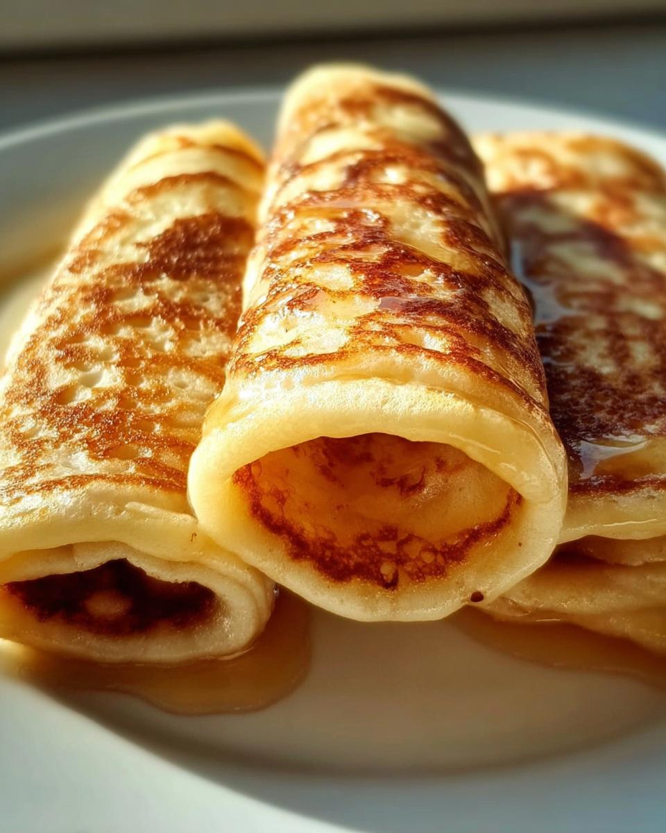 Nahaufnahme von drei gerollten Quark-Pfannkuchen Ohne Mehl, beträufelt mit goldbraunem Sirup auf einem weißen Teller.