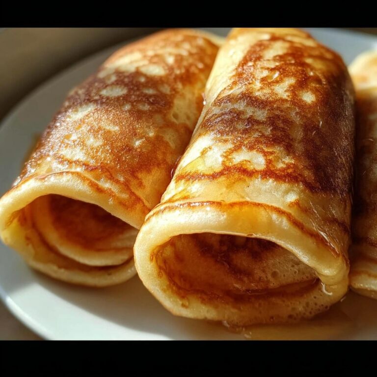 Nahaufnahme von zwei gerollten Quark-Pfannkuchen Ohne Mehl, glänzend mit Sirup auf einem weißen Teller.