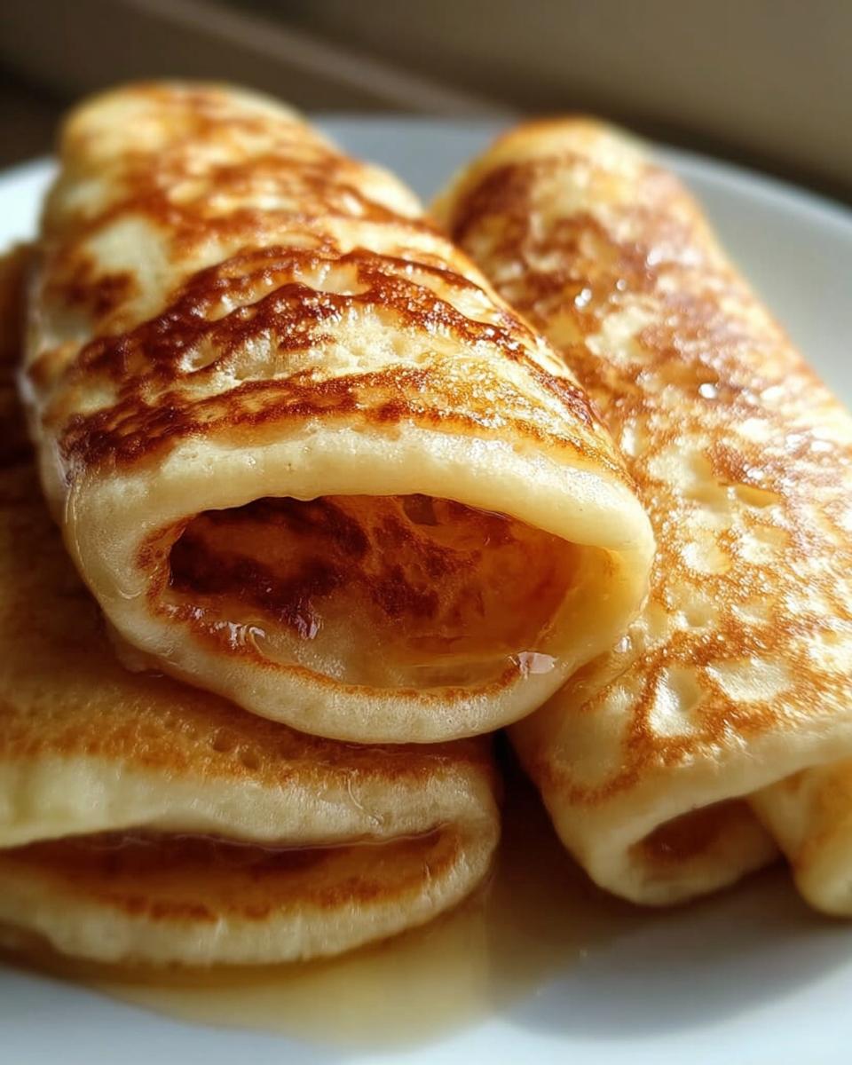Nahaufnahme von gerollten Quark-Pfannkuchen Ohne Mehl, die leicht gebräunt sind und mit Sirup beträufelt werden.