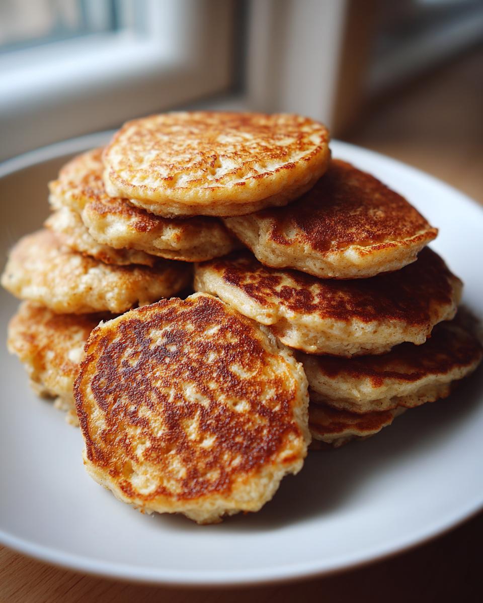 Stapel goldbraun gebratener Quark-Taler mit Haferflocken auf einem weißen Teller, ideal für ein gesundes Frühstück.